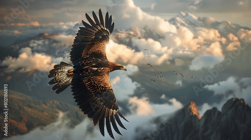 Eagle Soaring Gracefully Above Majestic Mountain Peaks in a Stunning Display of Freedom and Power
