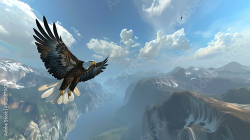 Eagle Soaring Majestically Over Mountain Peaks in Glorious Flight  Symbolizing Freedom and Power in Nature s Splendor.
