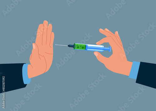 International Day against Drug Abuse and Illicit Trafficking. Drug addiction and refused hand. Hand offers drug to person refuses vector illustration.