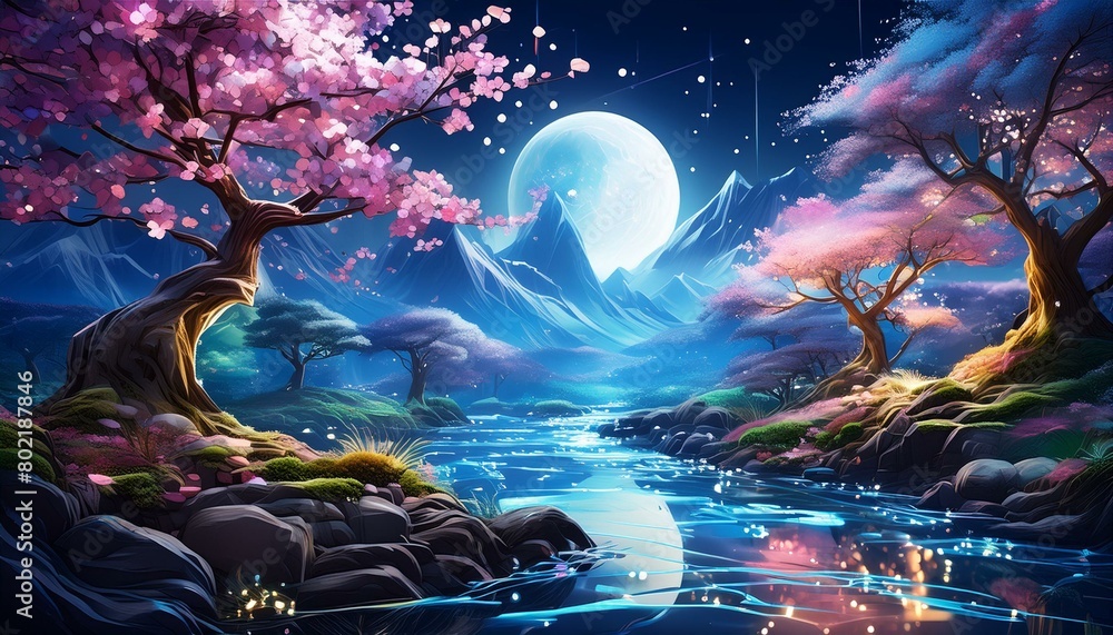 Obraz premium 透き通るような綺麗なガラスのようなスタイル、夜桜がひらひらと舞い上がる、輝きに満ちた月、幻想的な水流のイラスト generated by AI