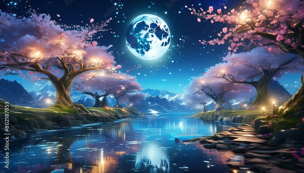 Obraz premium 透き通るような綺麗なガラスのようなスタイル、夜桜がひらひらと舞い上がる、輝きに満ちた月、幻想的な水流のイラスト generated by AI