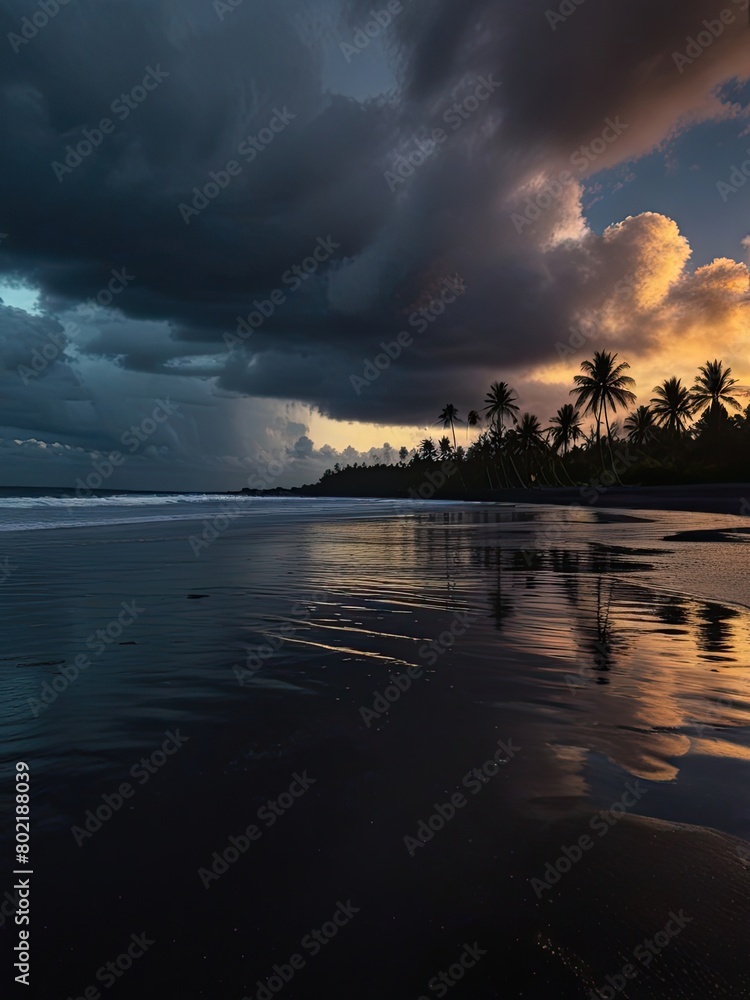 Beach Sunset with Palms and Moonlit Sky
