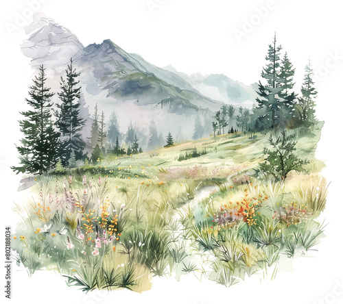 Watercolor mountain scene with forest and flowers