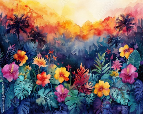 A vibrant watercolor scene of a tropical jungle, with lush foliage and exotic flowers blending into a colorful nature background