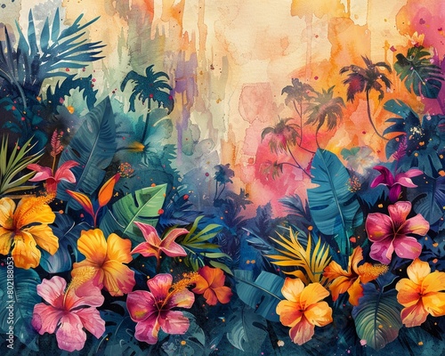 A vibrant watercolor scene of a tropical jungle  with lush foliage and exotic flowers blending into a colorful nature background