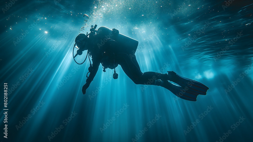 Scuba Diver Descending into the Deep Blue Sea Illuminated by Sunlight Scuba Diver Descending into the Deep Blue Sea Illuminated by Sunlight