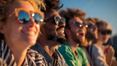Diverse group in sunglasses watches solar eclipse sharing laughter a rare event. Concept Solar Eclipse, Sunglasses, Diverse Group, Rare Event, Laughter