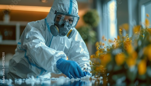 Worker in biohazard suit 