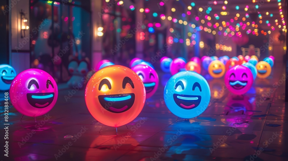 Cheerful faces on neon orbs in a dimly lit room, illustrating a colorful, electric party vibe.
