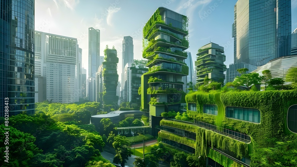 Ecofuturistic Cityscape: Green Skyscrapers, Parks, and Digital Art. Concept Ecofuturistic Cityscape, Green Skyscrapers, Parks, Digital Art