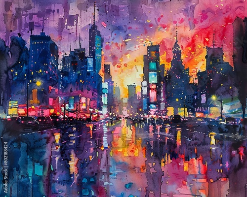 A detailed watercolor painting of a cityscape at dusk  with colorful lights and urban elements creating a lively background