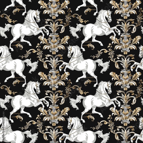 A white horse. Antiquity. Beautiful vintage summer. Seamless fabric with a very beautiful black pattern. seamless fabric pattern Elegant and stylish background photo