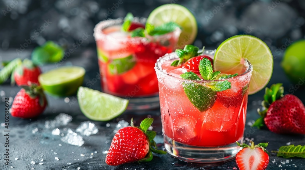 Glasses of lime and strawberry margarita cocktail Glasses of lime and strawberry margarita cocktail
