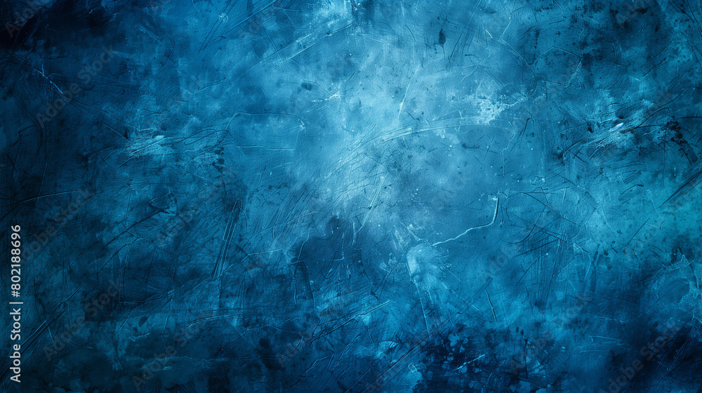 Blue textured background with dynamic brush strokes.