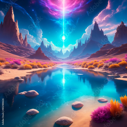 An illustration of a fantastic landscape, a pond against the background of mountains and bright plants, a mystical glow in the sky photo