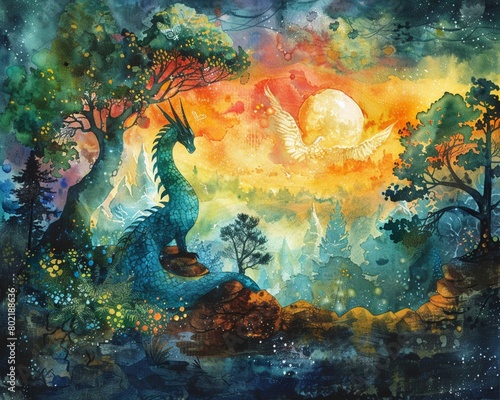 A fantasy watercolor scene with mythical creatures  set in a colorful  enchanted forest with magical elements in the background