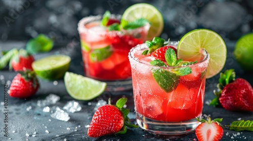 Glasses of lime and strawberry margarita cocktail