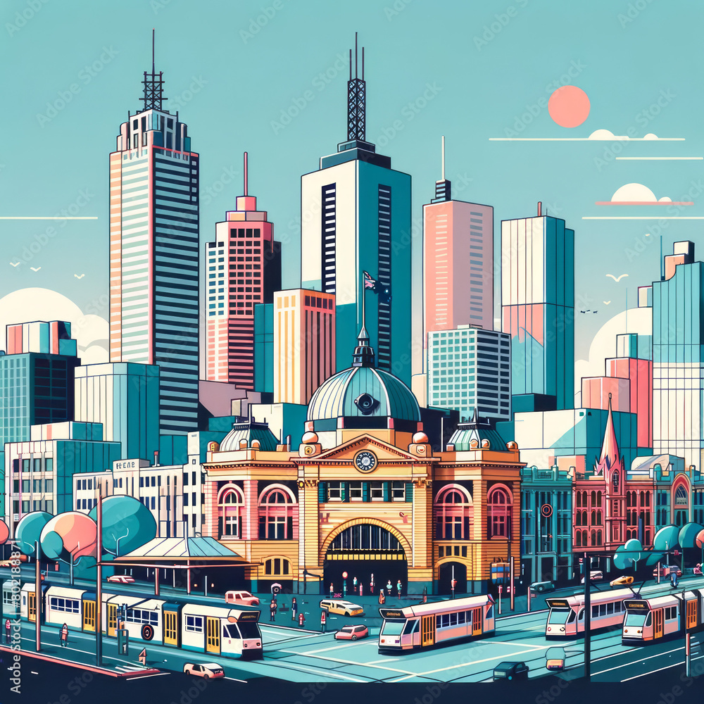 Obraz premium Melbourne Cityscape Vibrant Illustration