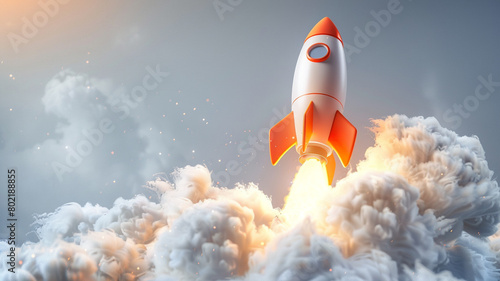 rocket taking off with smoke and flames against a white background photo