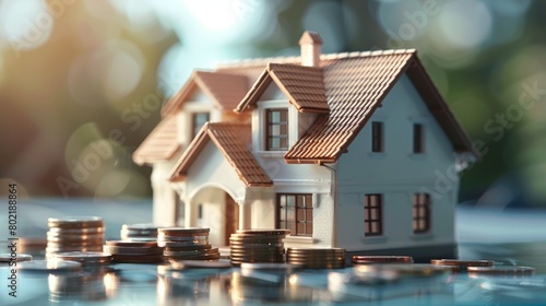 A conceptual representation of real estate investment with a miniature house surrounded by coins in a luminous setting