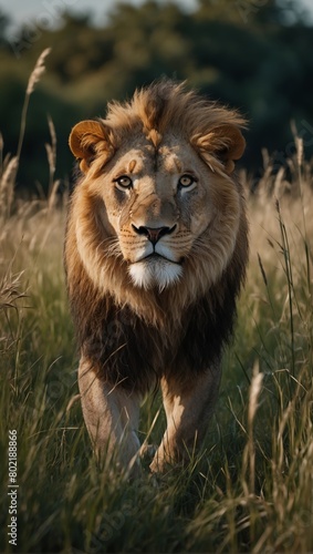 majestic lion on the hunt for some prey in high grass  stock photo  background