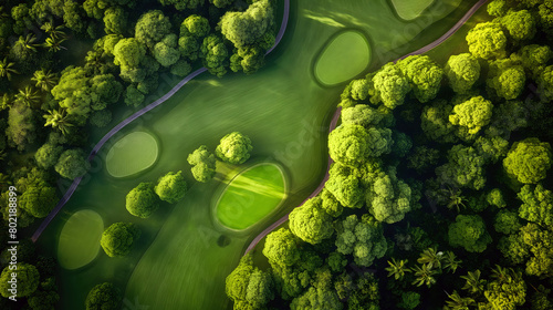 Lush Aerial View of a Green Golf Course Encircled by Dense Tropical Trees