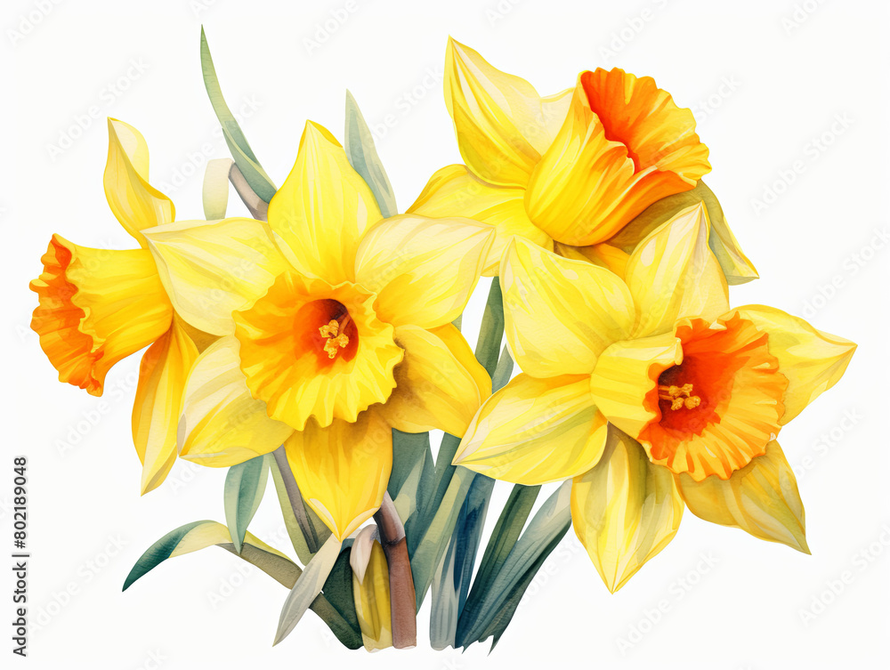 Watercolor painting of A bouquet of yellow flowers with orange centers