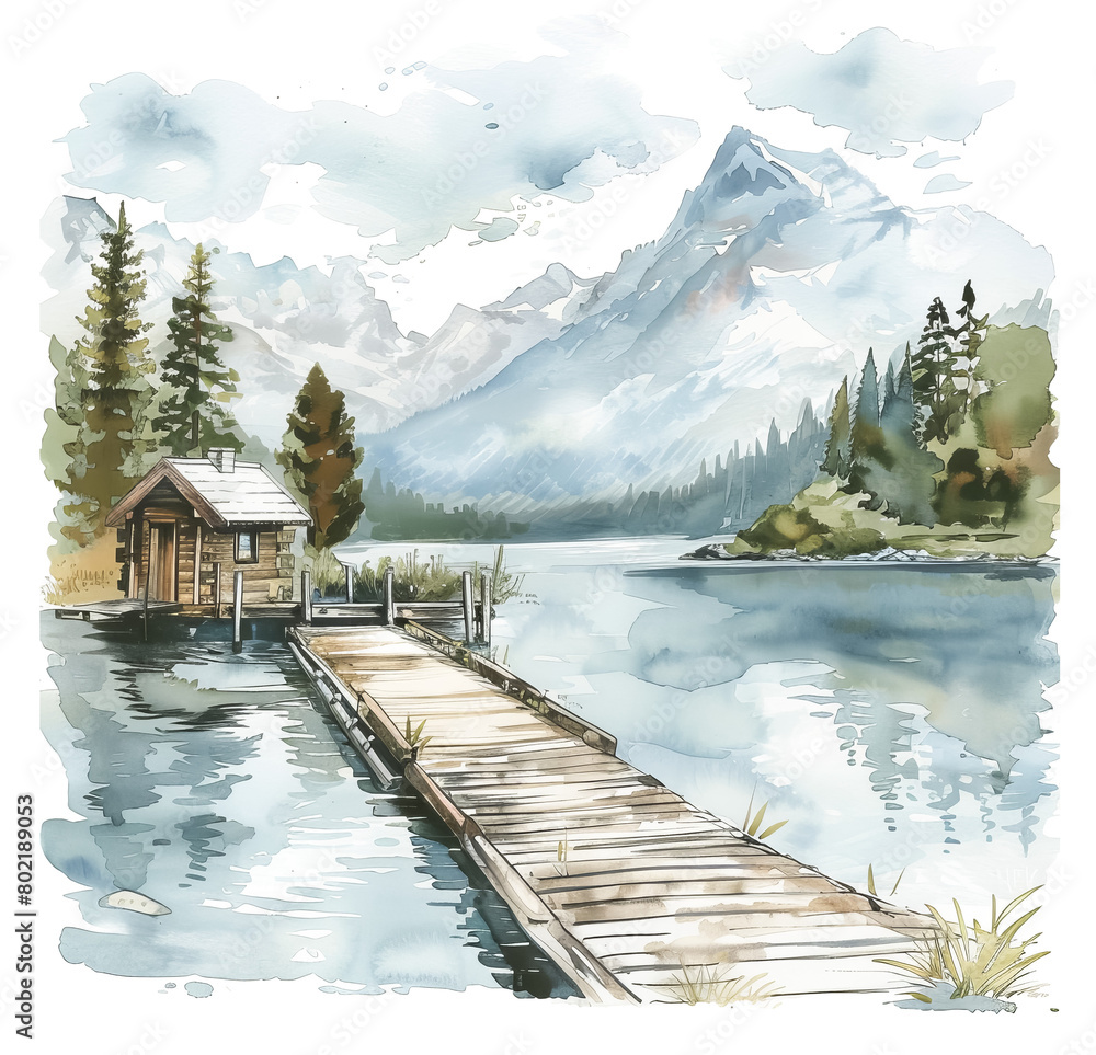 Fototapeta premium Mountain cabin watercolor landscape view