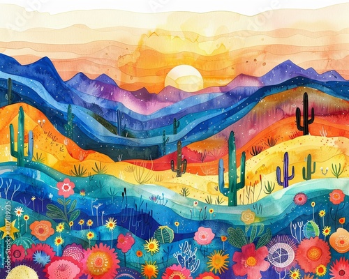 A vibrant watercolor illustration of a desert landscape at sunset, with colorful cacti flowers and natural desert elements photo