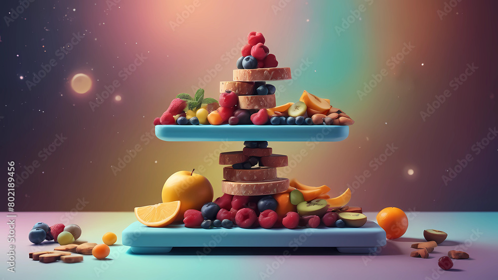 Balance avec des aliments santé sur fond coloré et lumineux. Beaucoup d'espace sur les deux tiers supérieurs de l'image. Style réaliste, 4K