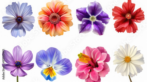 Collection head multicolored hibiscus flowers isolated on white background  Tropical plant. Flat lay  top view  Creative card Set of colorful flower isolated  full bloom flora spring season Flat lay 