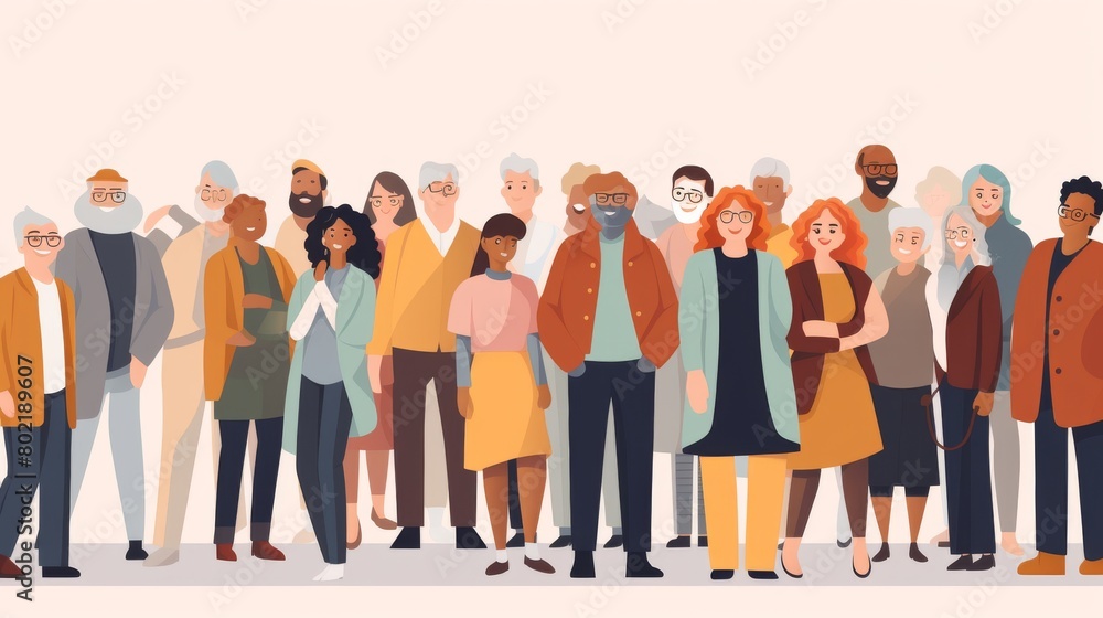 Multigenerational Society: Trendy Hipster Crowd of Diverse People Standing Together in Urban Environment - Vector Illustration of Stylish Men and Women, Celebrating Social Unity and Diversity