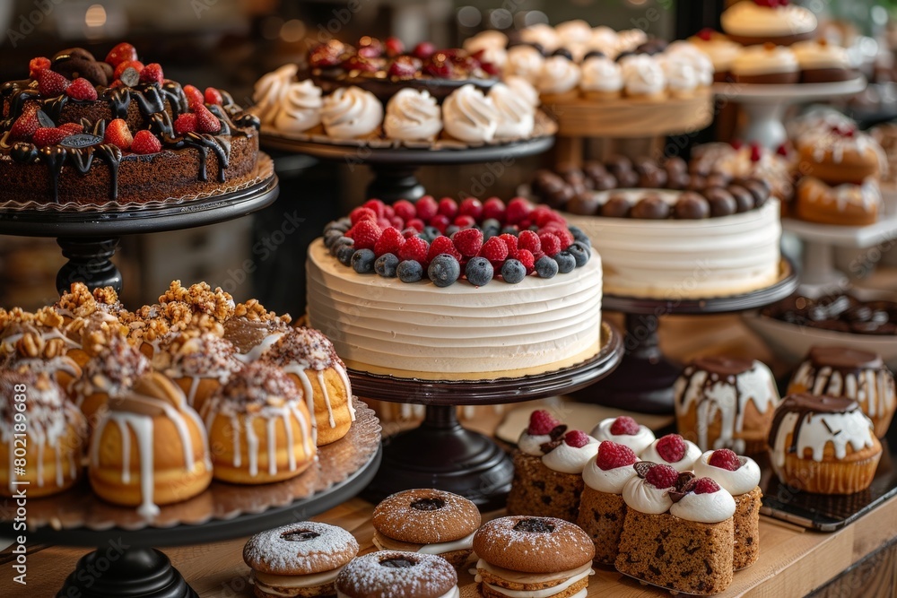 An enticing array of gourmet pastries and cakes displayed on various stands, showcasing variety and decadence