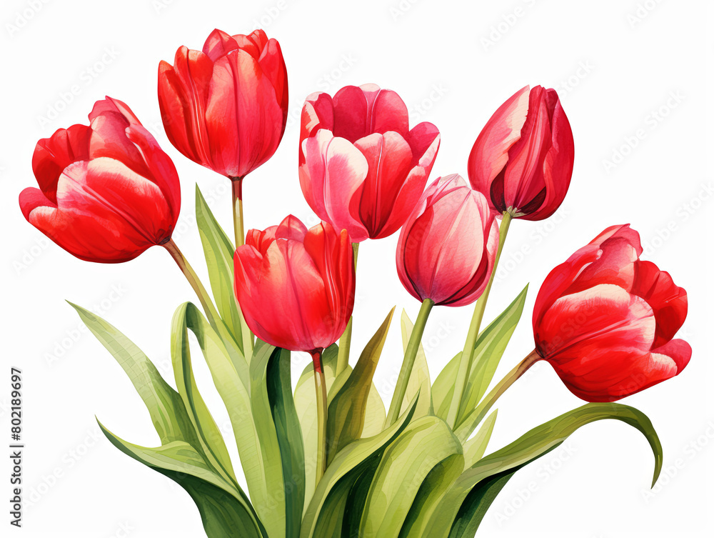Watercolor painting of A bouquet of red tulips with green stems Watercolor painting of A bouquet of red tulips with green stems