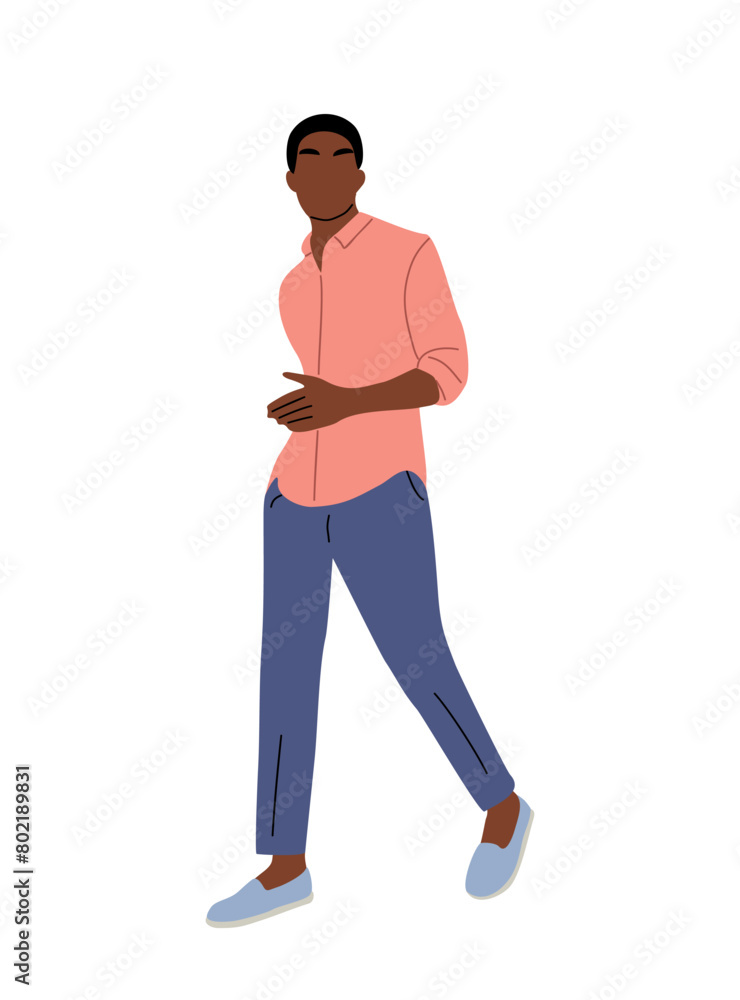 Black man in a pink shirt and blue pants is walking. Handsome african american guy wearing street style smart casual office clothes. Vector flat colorful illustration on a transparent background.