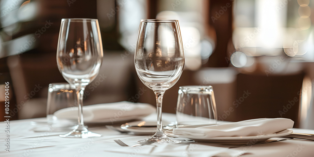 Served table in restaurant with dishes and glasses A close up shot of a restaurant table set up with tableware and wine glass. Concept of dining hospitality and catering.