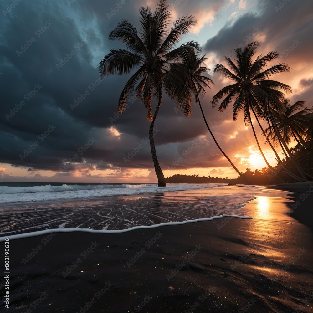 Fototapeta premium Beach Sunset with Palms and Moonlit Sky