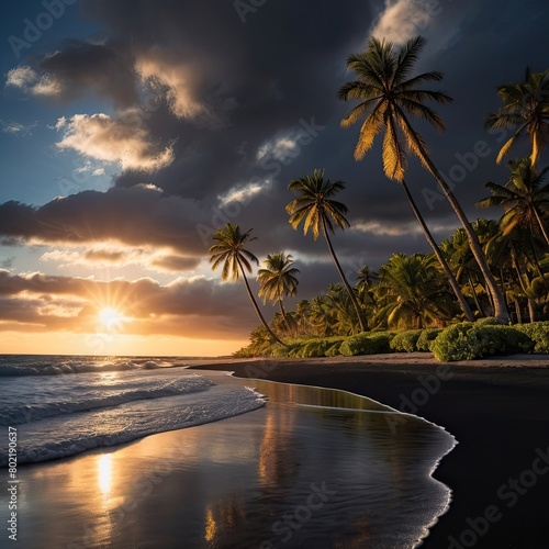 Beach Sunset with Palms and Moonlit Sky