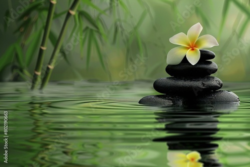 Zen basalt stones and frangipani flower on the water