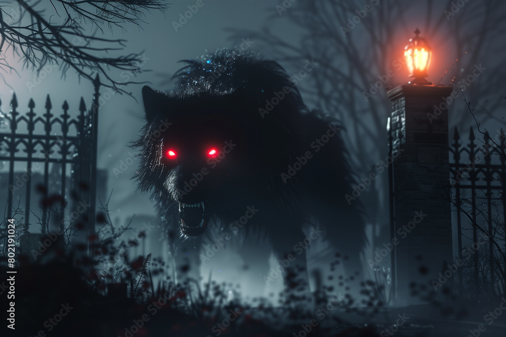 Werewolf with glowing red eyes in a nighttime graveyard Werewolf with glowing red eyes in a nighttime graveyard