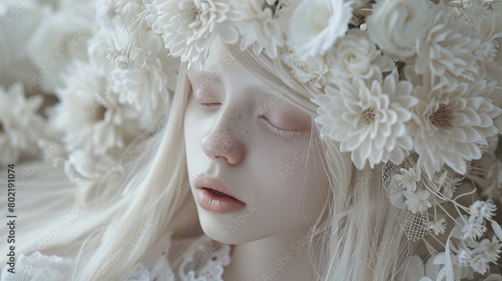 albino girl with a wreath of flowers on her head. albino girl with a wreath of flowers on her head.