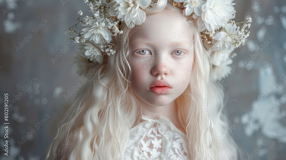 albino girl with a wreath of flowers on her head. albino girl with a wreath of flowers on her head.