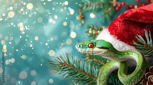 green snake with christmas tree branches and santa claus hat. © Yahor Shylau 