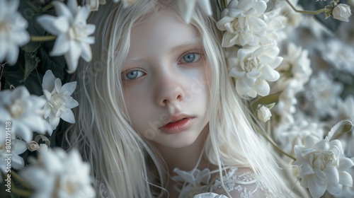 albino girl with a wreath of flowers on her head.