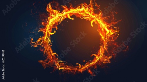 Circle Fire Flame Pattern on Dark Background. Ring Fiery Frame in Cartoon Anime Style. Vector Burn Fire Texture