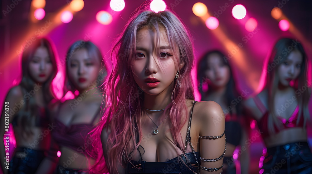 an dancing girl group, 16 - 19 years old that dressed a modern dancer , k-pop music, group of Korea pop music girl group an dancing girl group, 16 - 19 years old that dressed a modern dancer , k-pop music, group of Korea pop music girl group
