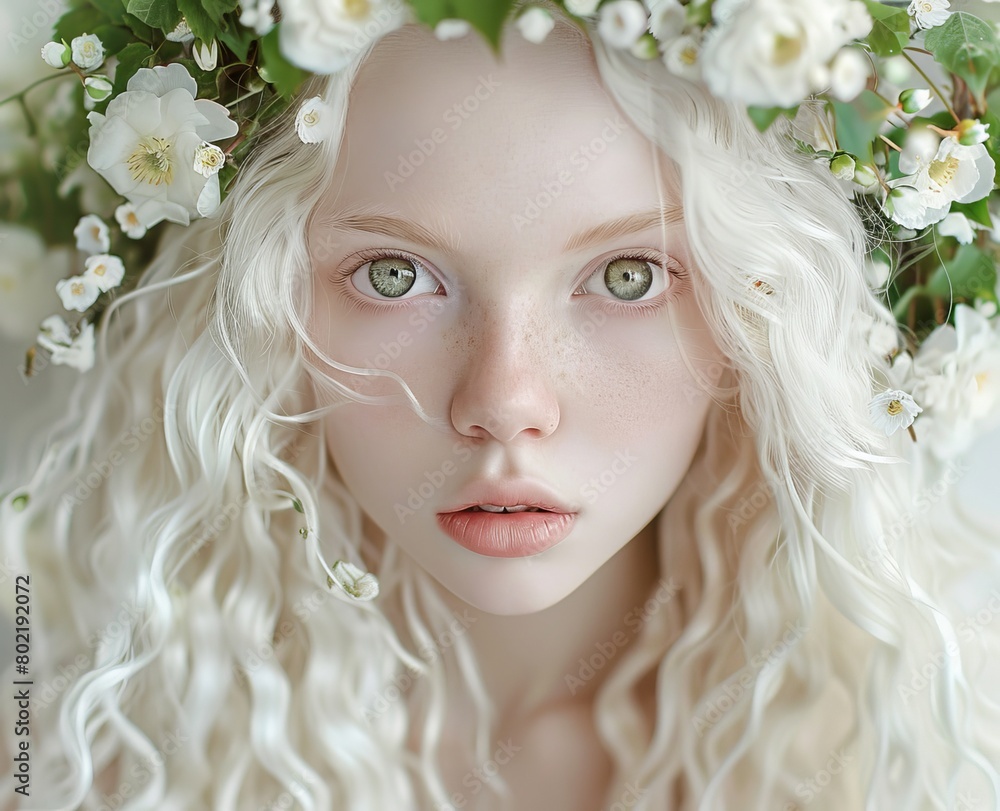 Obraz premium albino girl with a wreath of flowers on her head.