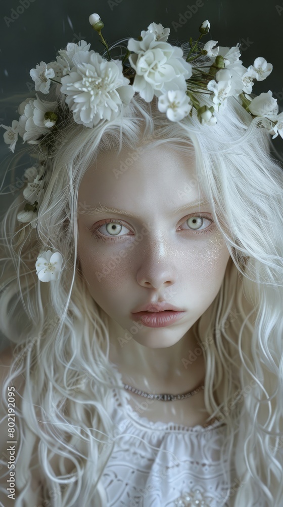 albino girl with a wreath of flowers on her head. albino girl with a wreath of flowers on her head.