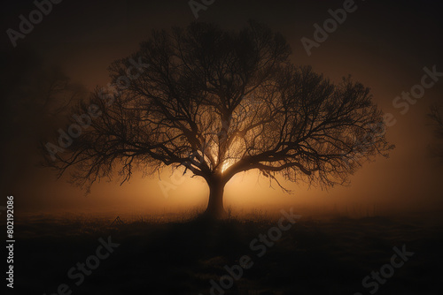 On a foggy night - a sinister tree casts haunting shadows that twist and writhe across the field - resembling living things photo