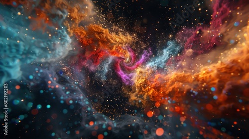 Colorful particles tornado in black space, power twister, 3d rendering computer generating background